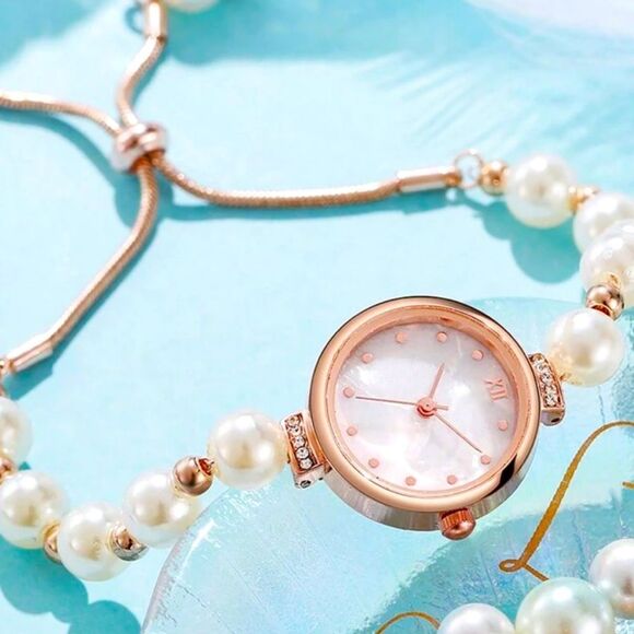 SALE Rose Gold Filled Chain Pearl Iridescent Inlay Wrist Watch - Picture 3 of 7